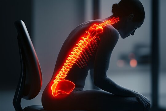 Human silhouette sitting on a chair with illuminated tailbone area indicating discomfort and showcasing posture details
