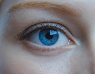 Fototapeta premium Close-up of a woman's bright blue eye. Long lashes and fair skin are visible. A captivating gaze.