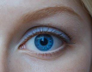 Fototapeta premium Close-up of a woman's bright blue eye. Long lashes and fair skin are visible. A captivating gaze.