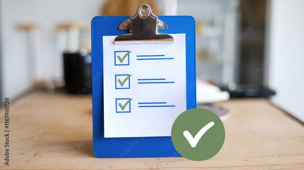 Poster A blue clipboard with a checklist, showing tasks completed and a large checkmark signifying accomplishment.