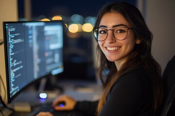 Business woman, portrait and computer with pride, smile and confidence for internship as accountant. Female person, night and office in finance agency, banking and investment opportunity for payroll