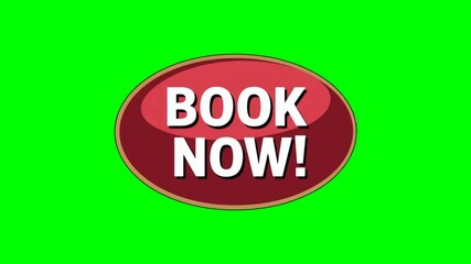"Book Now" white text on a red square button animation loop video on a green screen background for booking, reservations