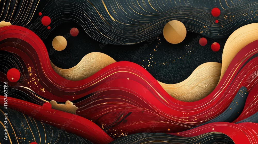 Fototapete abstract design with celebratory patterns for new year, blending smooth red waves and gold accents.
