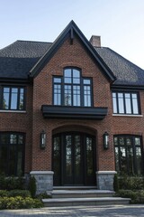 Obraz premium Elegant brick residence with modern accents located in a serene neighborhood showcases large windows and a welcoming entryway during a clear day