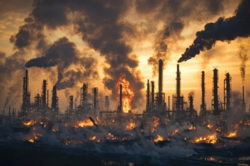Obraz premium Burning oil refinery with smoke-filled sky