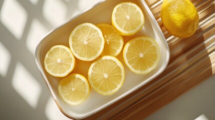 Sliced lemons arranged in a bowl with a whole lemon on a wooden cutting board