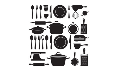 Minimalist kitchen utensils icon collection featuring pots, pans, cutlery, graters, and cooking tools for culinary themes.