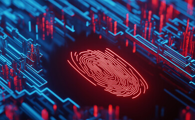 A glowing red fingerprint on a futuristic blue and red digital circuit background, symbolizing technology and cybersecurity.