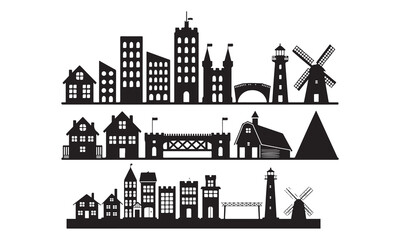 Naklejka premium Black and white silhouette of various buildings, including castles, windmills, lighthouses, and urban architecture.