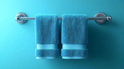Two blue towels hanging on a metal bar