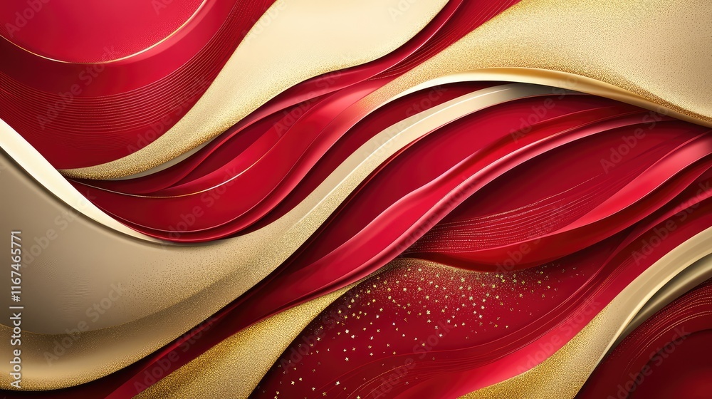 Fototapete abstract design with celebratory patterns for new year, blending smooth red waves and gold accents.