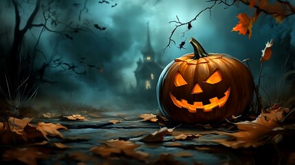 Naklejka premium Spooky Halloween Pumpkin in Haunted Forest
