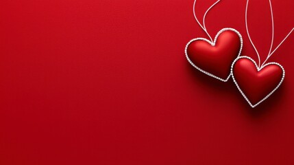 Two Elegant Red Hearts with String on a Vibrant Red Background, Perfect for Celebrating Love, Romance, or Valentine's Day in a Minimalist Style
