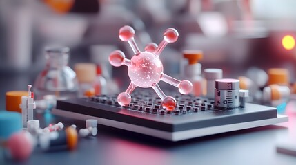 Pheromone Molecule Visualization Floating Holographic Molecules in a Sleek Futuristic Biotech Laboratory Setting with Neon Lighting and Cinematic High Definition Aesthetic