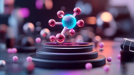Stunning visualization of floating holographic pheromone molecules in a sleek advanced biochemical laboratory setting with neon lighting and a retrofuturistic aesthetic