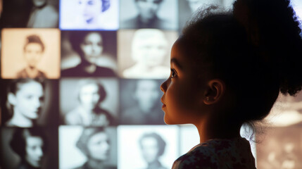 little girl with an interested expression looks at a large screen on which historical photos of famous women are displayed, the girl points her finger at one of the portraits