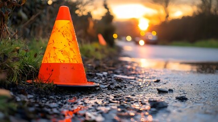 A traffic cone is sitting on the side of a road