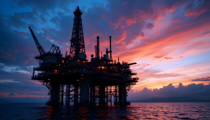 Obraz premium Offshore Oil Rig at Sunset, Industrial Landscape, Energy Production
