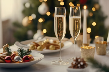 Festive holiday table setting, champagne flutes, delicious snacks, Christmas tree background, warm and cozy atmosphere, copy space