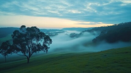 Obraz premium Serene landscape with misty valleys at dawn.