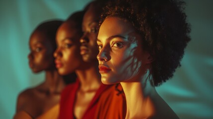 a woman stands and confidently looks at the frame, behind her there are other women of different ages and races