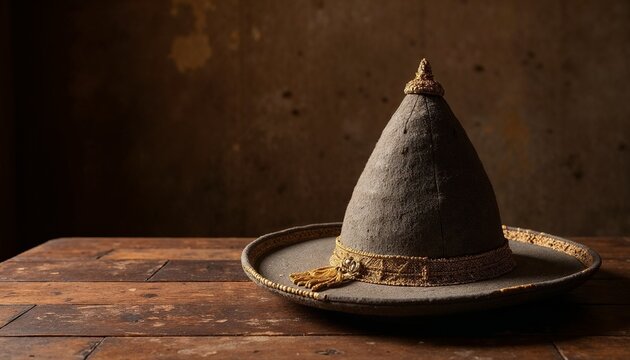 Photorealistic Haman&rsquo;s hat, triangular, detailed fabric gold trim, wooden table, warm ambient lighting, rustic background, historical symbolic, with copy space, ultra-high resolution
