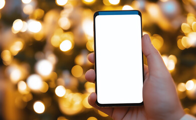 A hand holding a smartphone with a blank screen in front of a Christmas tree adorned with glowing bokeh lights.