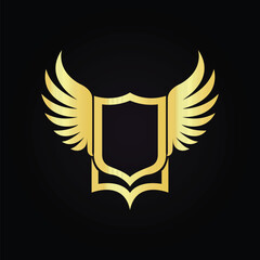 Obraz premium Golden shield with elegant wings symbolizing strength power and freedom on a black background 