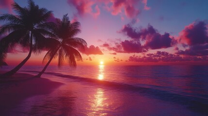 Paradise beach at dusk with purple clouds and ocean breeze.