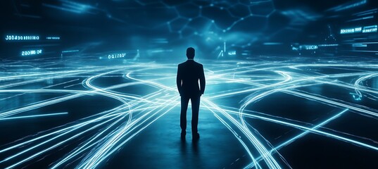 Fototapeta premium A conceptual image of a businessman standing at a digital crossroads with multiple glowing paths, representing choices in business, set against a futuristic background, symbolizing decision-making in 