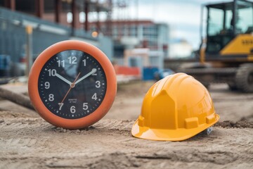 Construction site clock and hard hat emphasize the importance of time management and safety in construction projects.