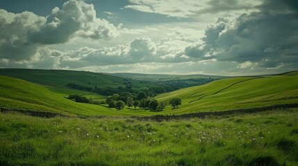 Fototapeta premium Lush green hills under a dramatic sky.
