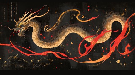 Abstract dragon shapes interwoven with fiery red and gold trails, symbolizing the strength and mystique of the Year of the Dragon.