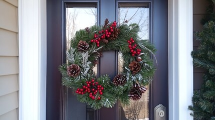 Festive wreath adorned with pinecones and berries.