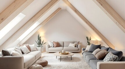 Fototapeta premium Attic Living Room with Sloped Ceilings, Cozy Interior, Modern Furniture