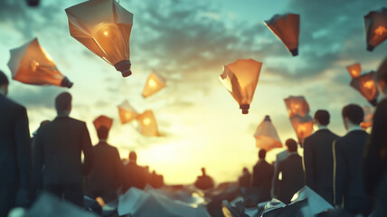 Silhouettes of People Releasing Glowing Sky Lanterns During Sunset with Turquoise Clouds
