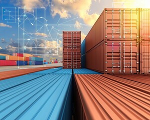 Fototapeta premium Advanced Logistics Platforms for Shipping and Freight Coordination, a realistic photo of shipping containers arranged in a well-organized port terminal, with a digital display overlay tracking each.