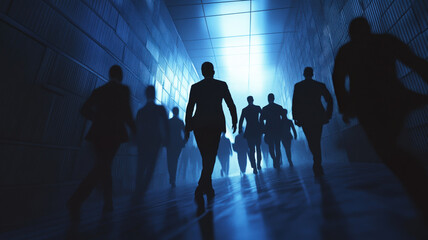 Silhouetted Business Professionals Walking Through Dark Corridor Toward Bright Blue Light, Symbolizing Leadership and Progress