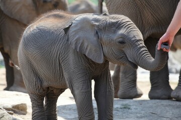 Fototapeta premium A young African elephant calf gently reaches out its trunk, interacting with a human hand.
