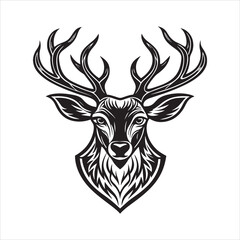 Fototapeta premium Detailed Deer Head with Antlers Vector Logo in Monochrome