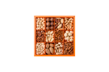 Box with various nuts cashew, macadamia, peanut, cedar, pecan, walnut, brazil, hazelnut
