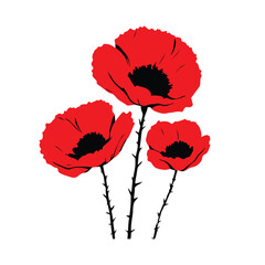 Red Poppy Flowers Vector Illustration – Beautiful Wildflowers on White Background, Perfect for Veterans Day Remembrance Designs