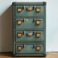A blue wooden chest with four drawers and brass handles