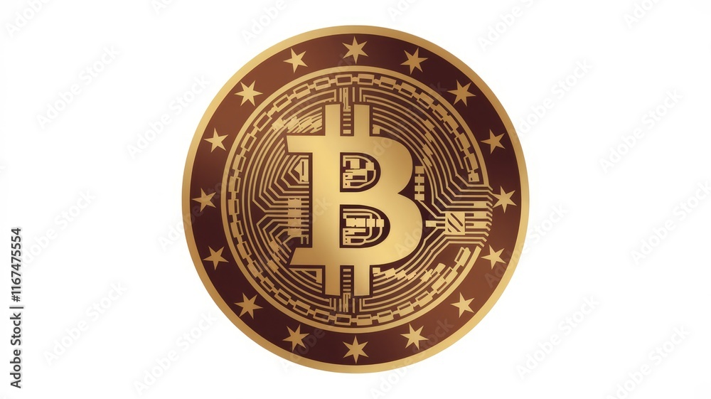 Poster a stylized bitcoin cryptocurrency coin design with gold and brown color scheme.