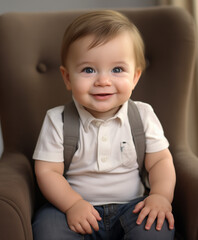 Blond Blue-Eyed Boy Smiling While Sitting in a Brown Leather Chair – Adorable Portrait