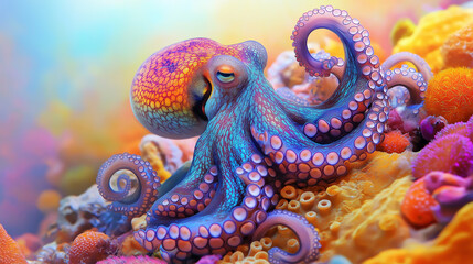 Obraz premium A vibrant, colorful octopus resting among coral reefs in an underwater scene filled with marine beauty and life.