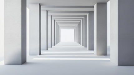 A bright, endless hallway with repetitive rectangular pillars creating a minimalistic and symmetrical architectural perspective.