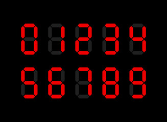 Digital display Monochrome digits digital numbers symbol Icon set. Black numbers, numerals. Clock, Stopwatch, Scoreboard, Calculator, electronic meter. Seven segment. Vector illustration