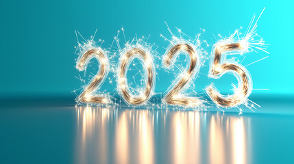 Sparkling "2025" numerals are decorated with fireworks against a vibrant blue background, symbolizing a festive New Year celebration.