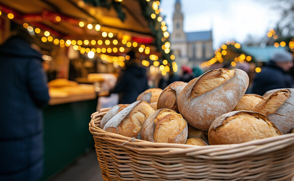 A basket of fresh artisanal bread is displayed at a cozy outdoor Christmas market with blurred festive lights in the background.